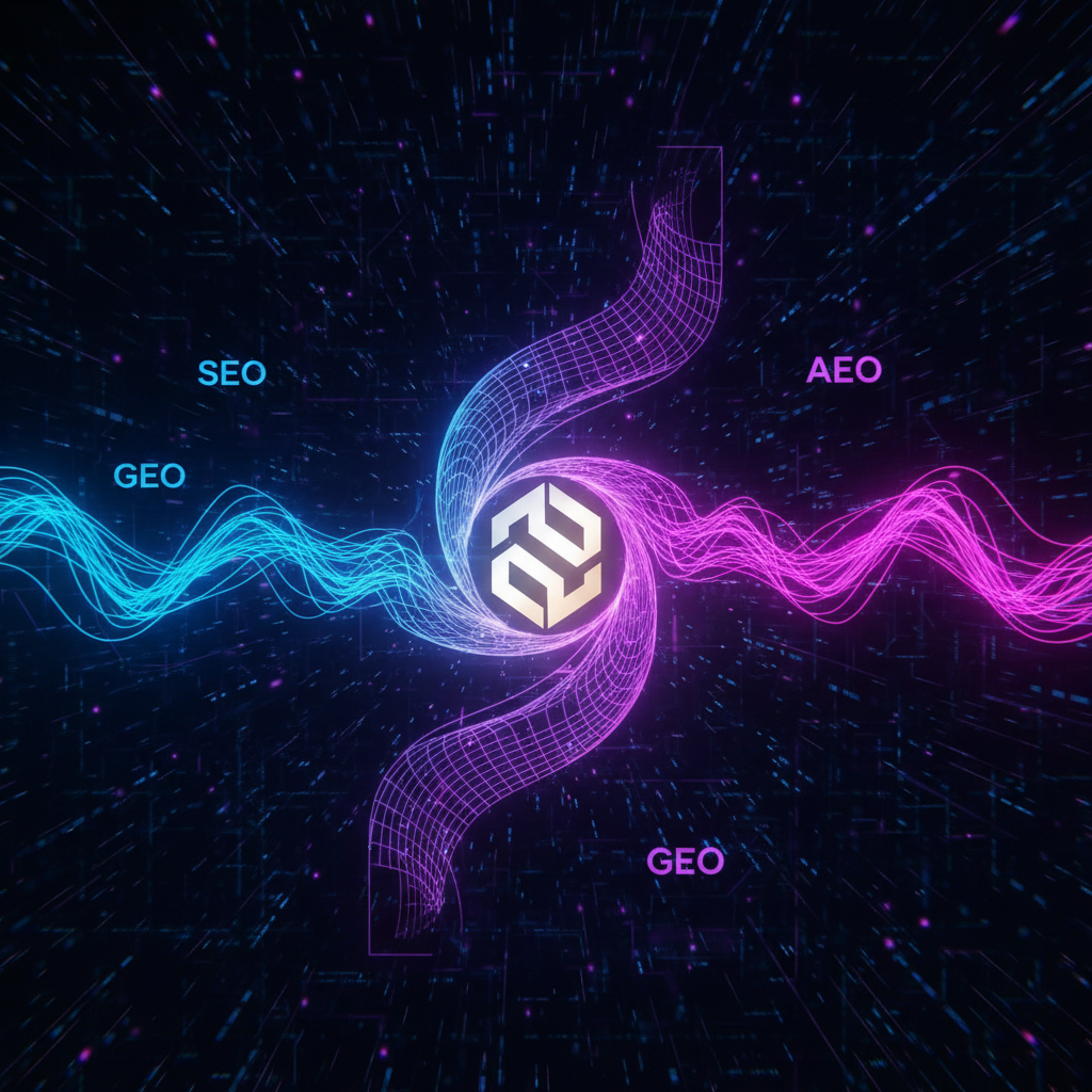 Logo da BlogAI no centro de um fluxo de dados interconectados representando a unificação de SEO, GEO e AEO para tráfego orgânico.