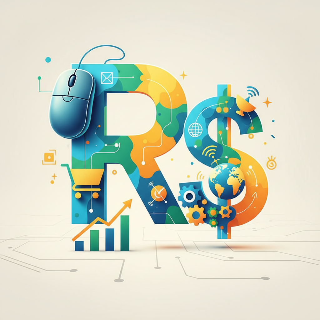 Símbolos de atividades de renda extra online formando o cifrão do Real, ilustrando o guia de renda extra real em 2026.