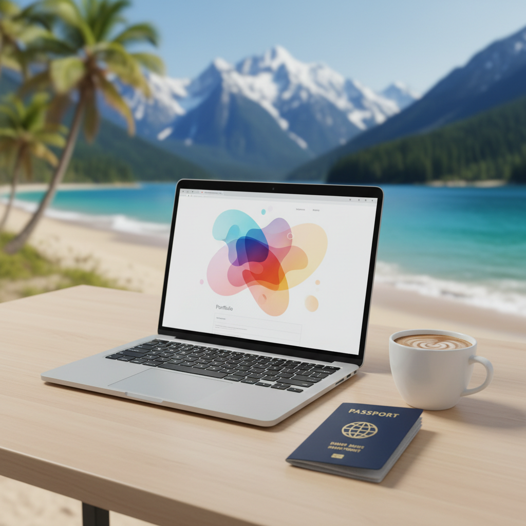 Um kit de nômade digital em uma mesa de trabalho com laptop exibindo um portfólio online.
