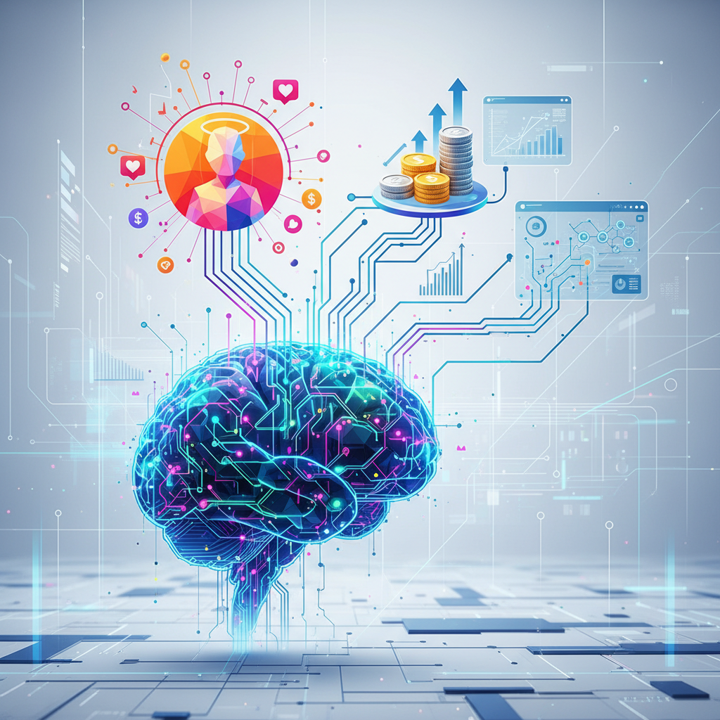 Representação visual da monetização de influenciadores com inteligência artificial, em um contexto de tecnologia e marketing.
