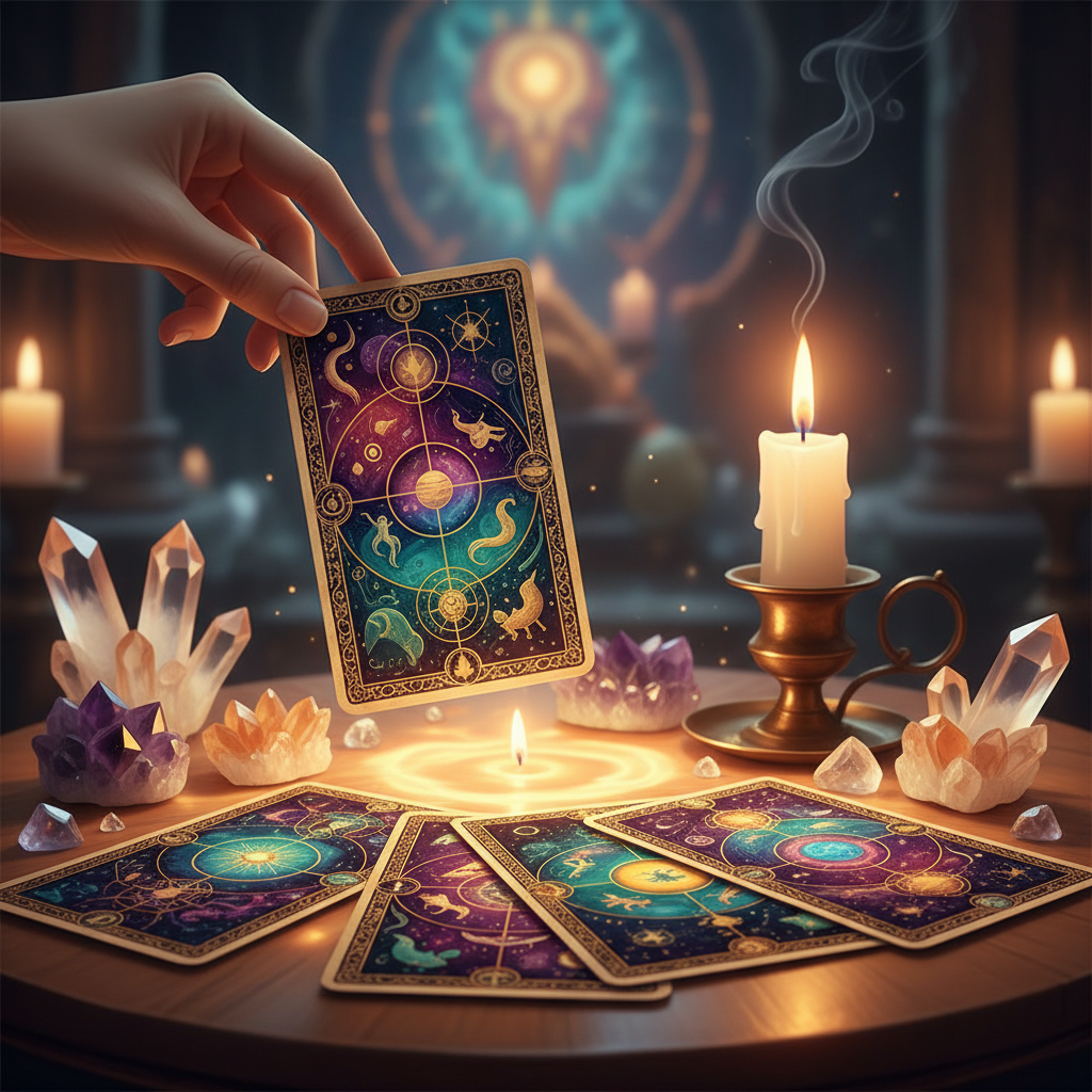Mão segurando uma carta de tarô, com outras cartas espalhadas em uma mesa mística iluminada por velas, com cristais ao redor.