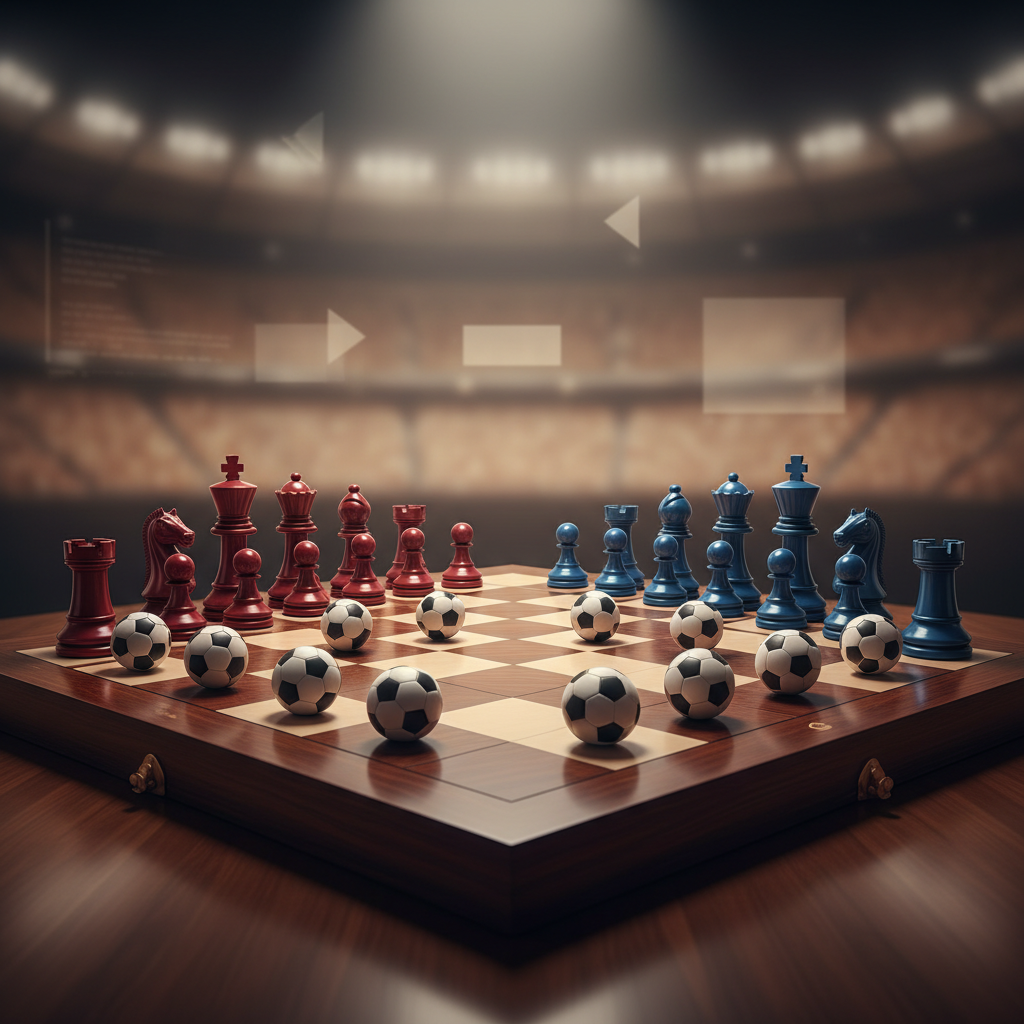 Estratégias de apostas e gestão de bankroll representadas por um tabuleiro de xadrez com bolas de futebol.