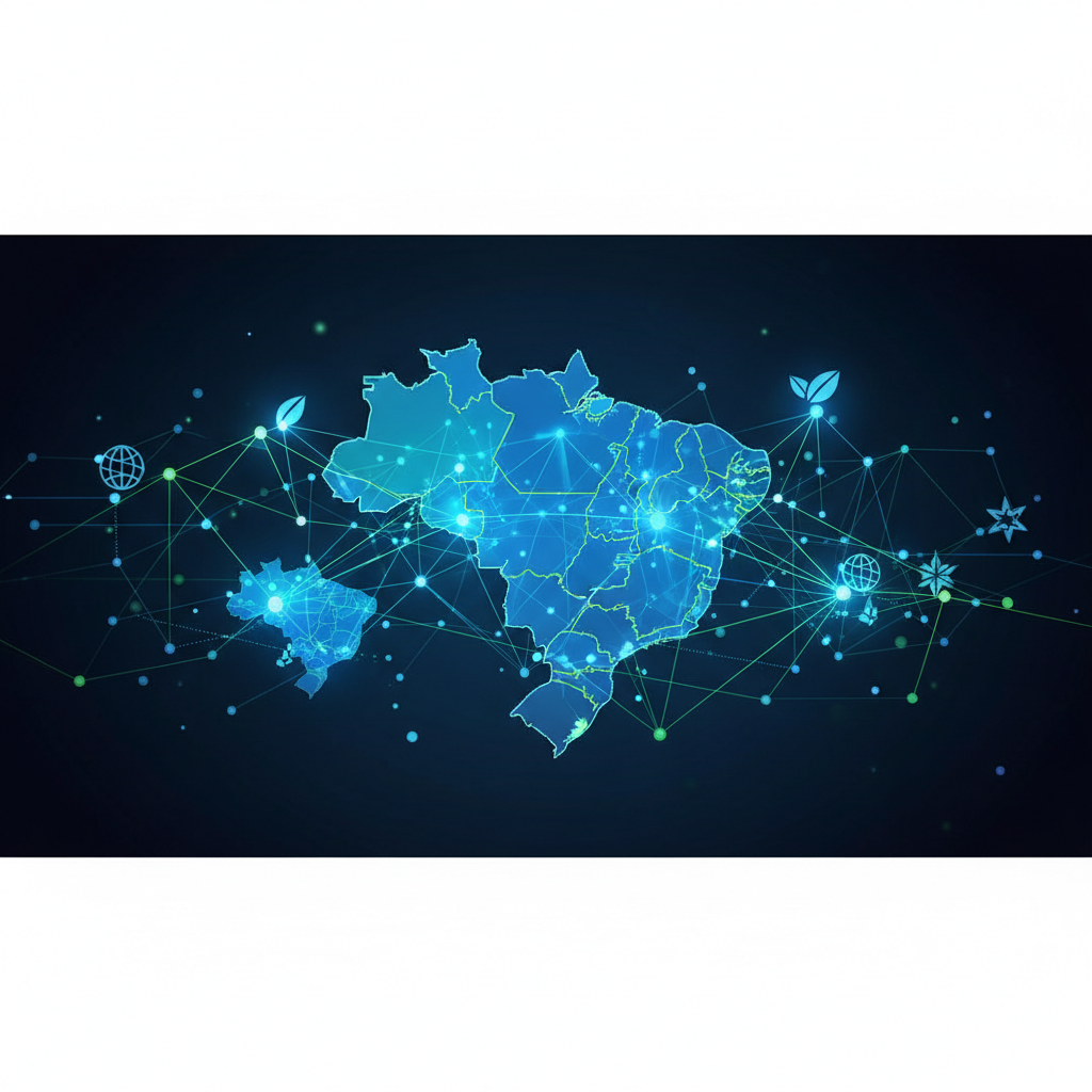 Infográfico futurista ilustrando a conexão entre dados estruturados, inteligência artificial e marcas brasileiras em 2026