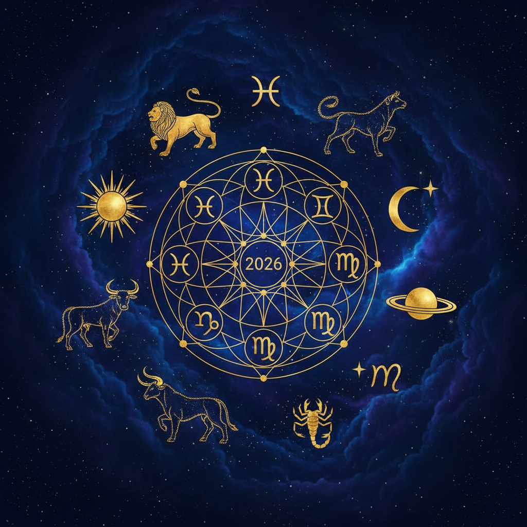 Ilustração técnica de um mapa astral moderno com planetas e casas astrológicas sobre um fundo cósmico azul escuro.