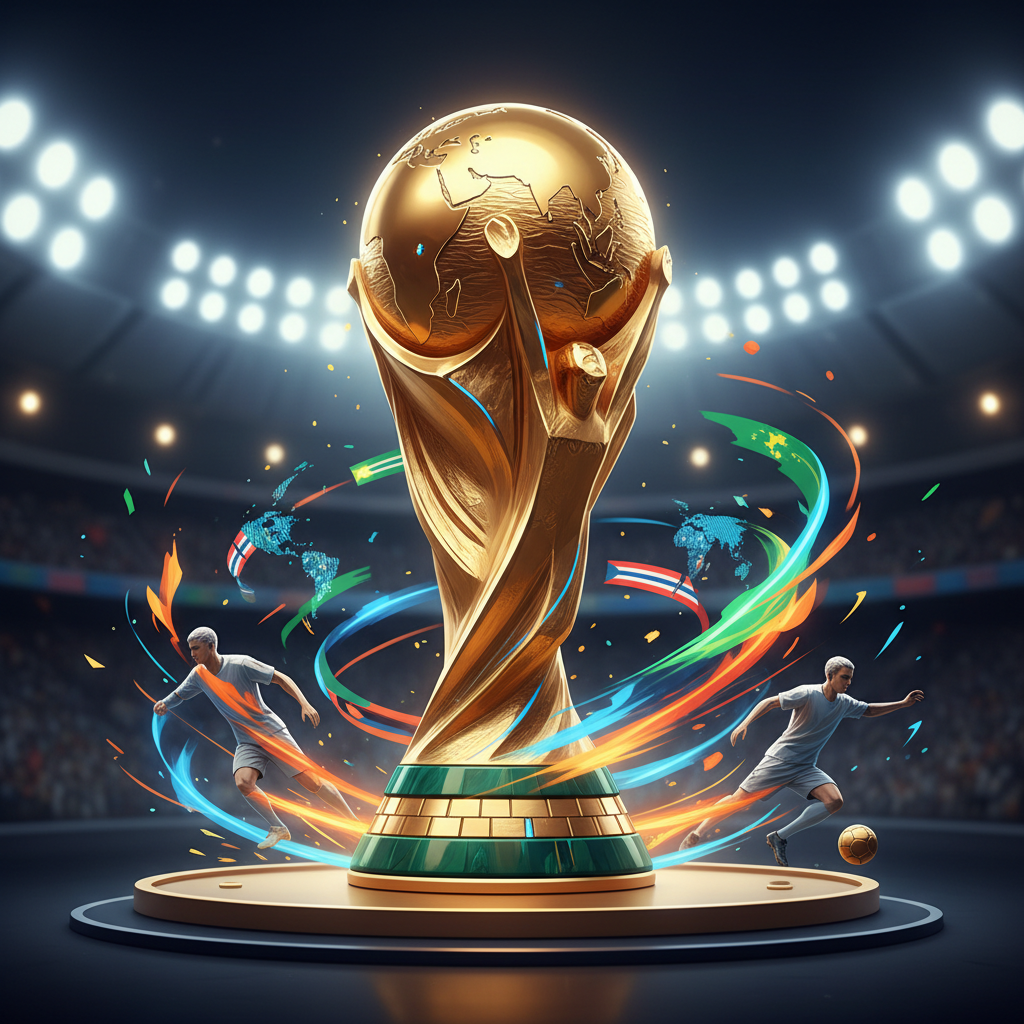 Representação artística da taça da Copa do Mundo cercada por bandeiras de diversas nações e elementos táticos de futebol.