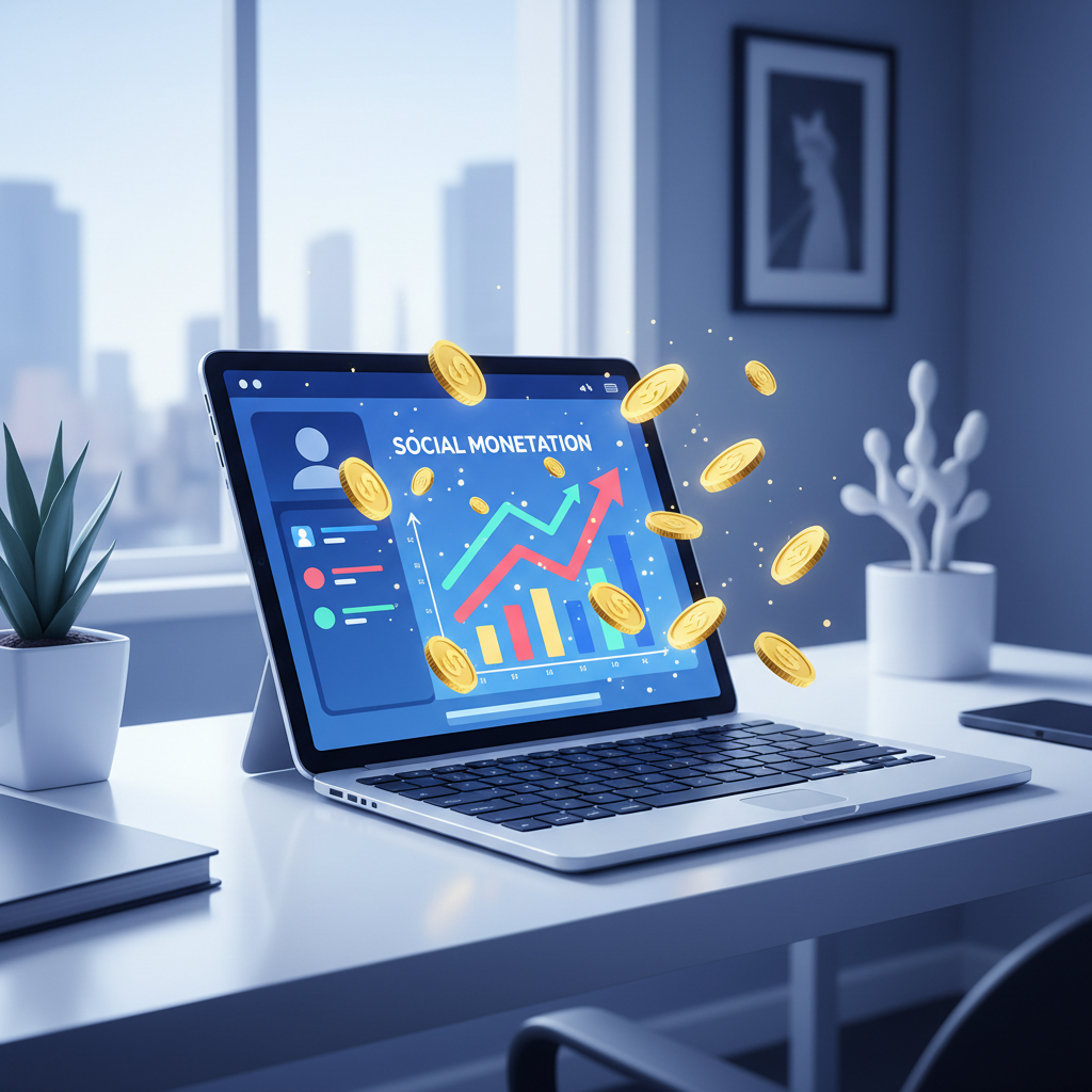 Interface digital moderna mostrando ícones de moedas e gráficos de crescimento sobre o logotipo do Facebook em uma tela de tablet.