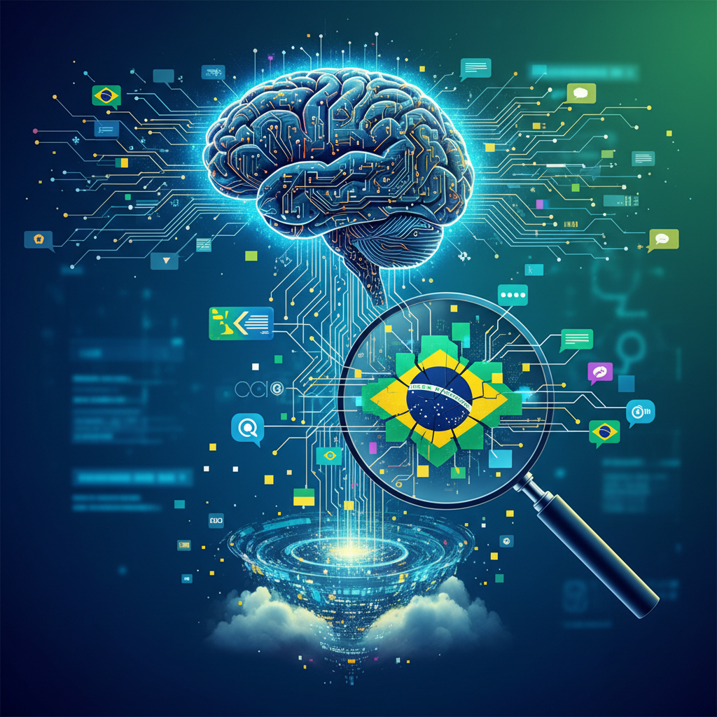 Inteligência artificial analisando discussões em fóruns brasileiros e redes sociais para recomendações de empresas