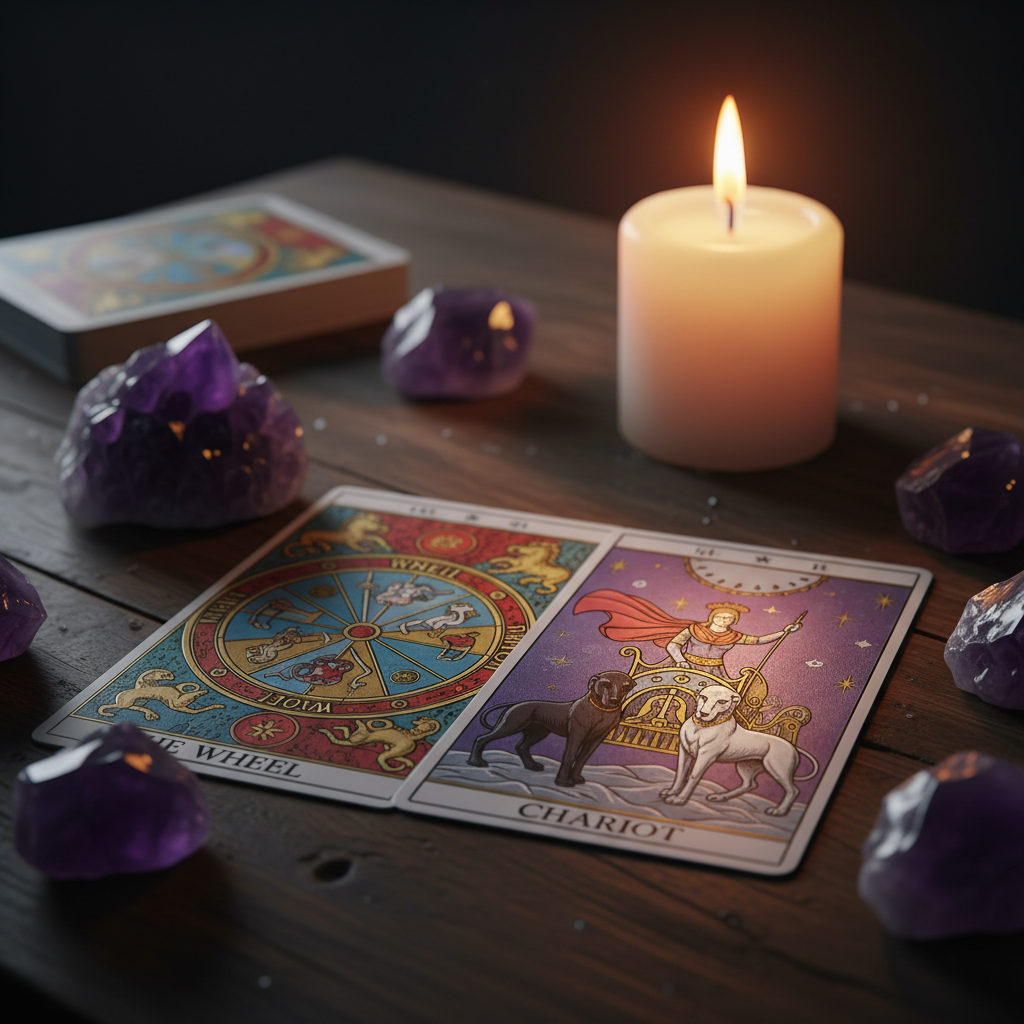 Cartas de tarô sobre uma mesa de madeira escura com cristais e velas, sugerindo uma previsão astrológica para Capricórnio.