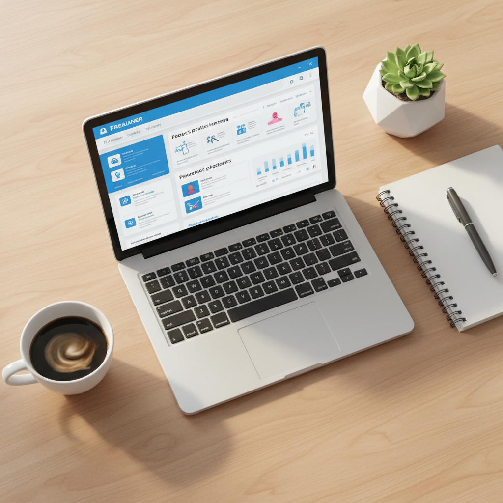 Mesa de trabalho com notebook aberto em um site de freelancer, simbolizando a renda extra online em 2026.