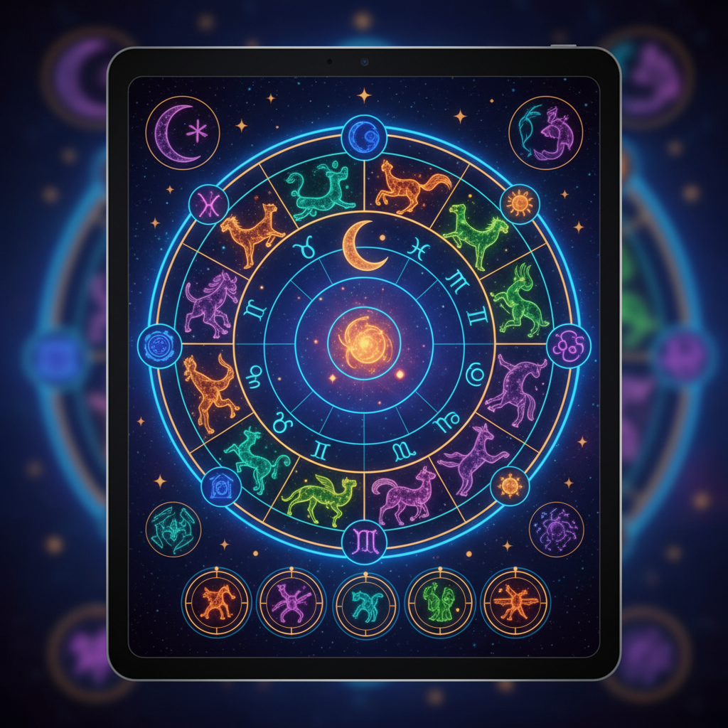 Representação digital de um mapa astral com constelações e símbolos planetários, para as ferramentas de astrologia de 2026