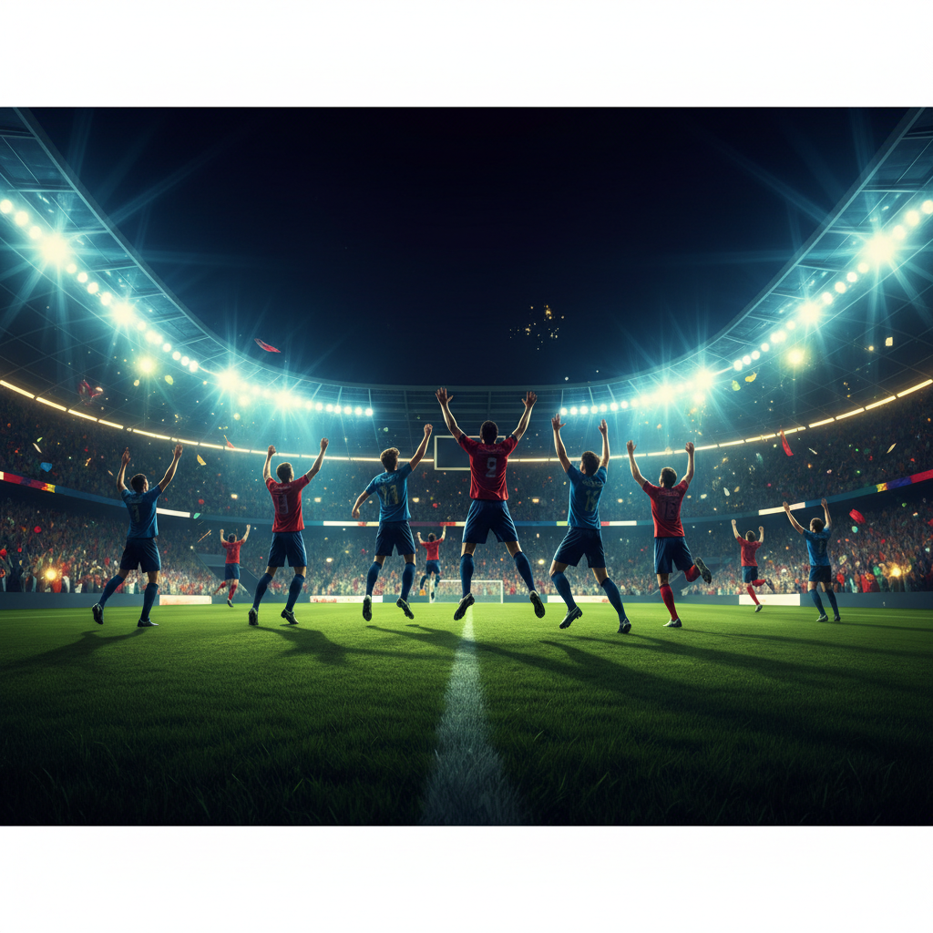 Jogadores de futebol comemorando classificação na repescagem da Copa do Mundo 2026 em campo gramado iluminado