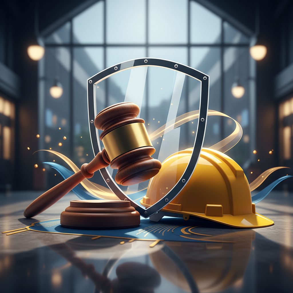 Balança da justiça e um capacete de trabalhador, simbolizando as garantias trabalhistas em caso de mudança de gestão da empresa.