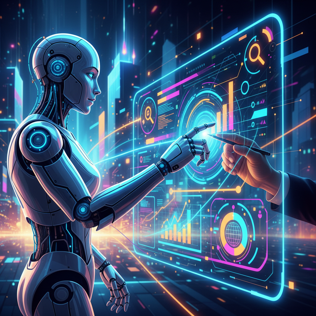 Robô e humano colaborando em SEO com IA