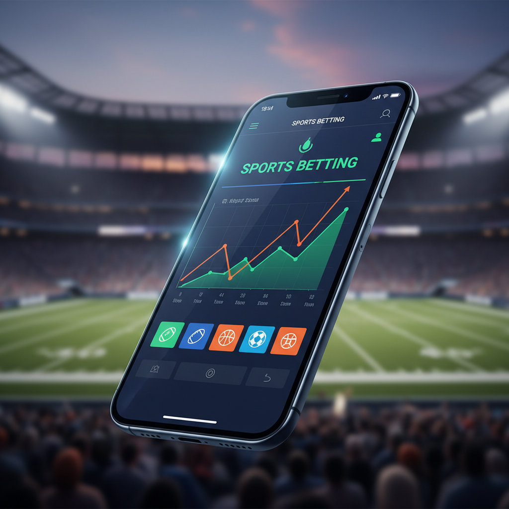 Interface de aplicativo de apostas esportivas com gráficos de odds e bola de futebol digital