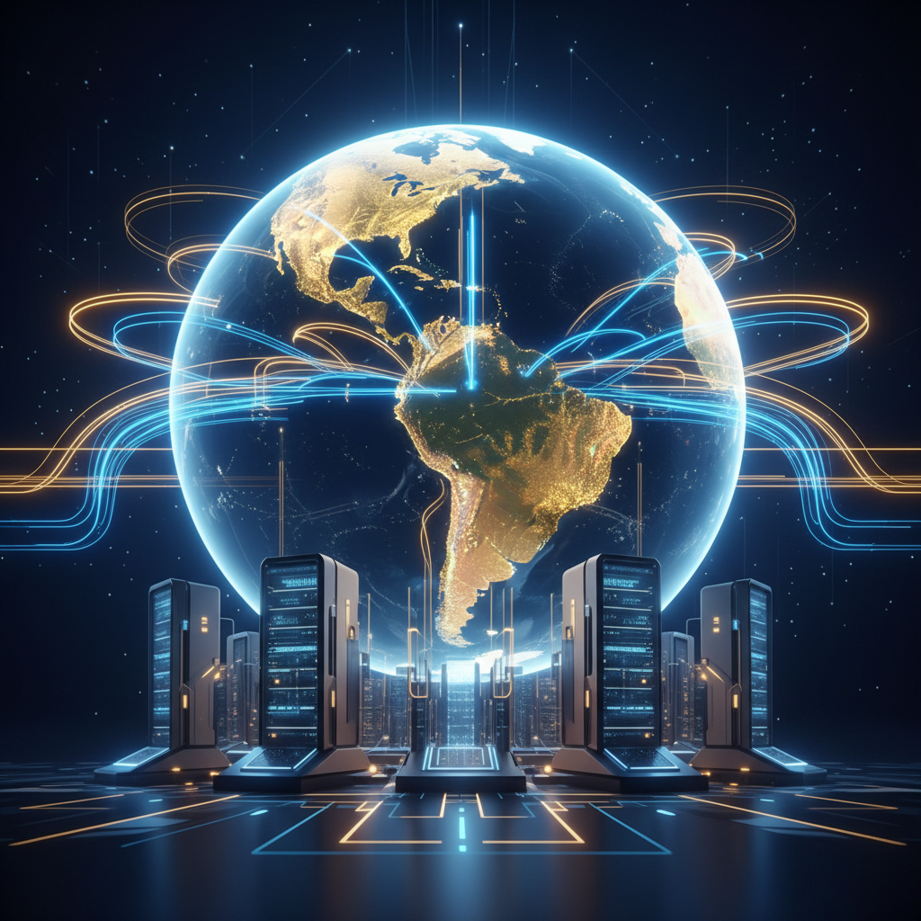 Ilustração abstrata digital representando a conexão global e domínios de internet em um ambiente de tecnologia avançada.