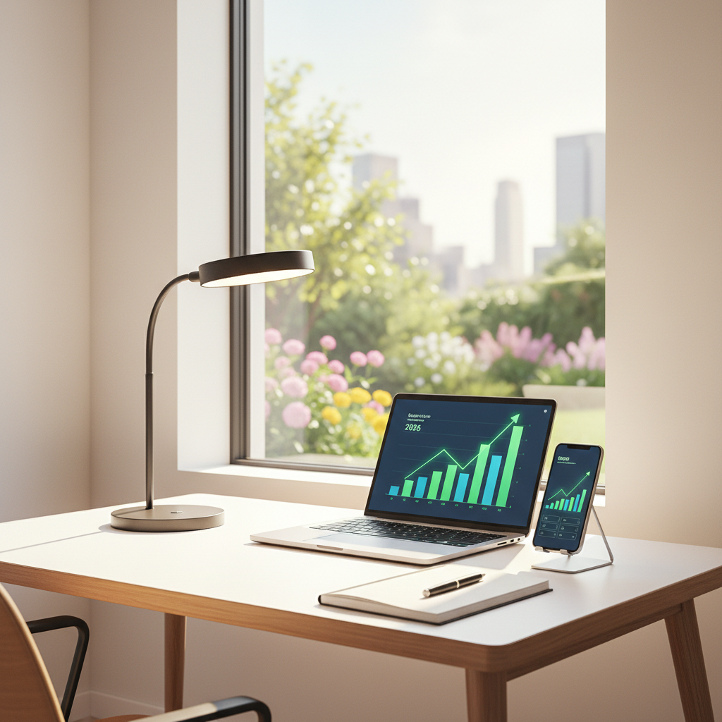 Pessoa trabalhando em home office com laptop e café em ambiente organizado em 2026