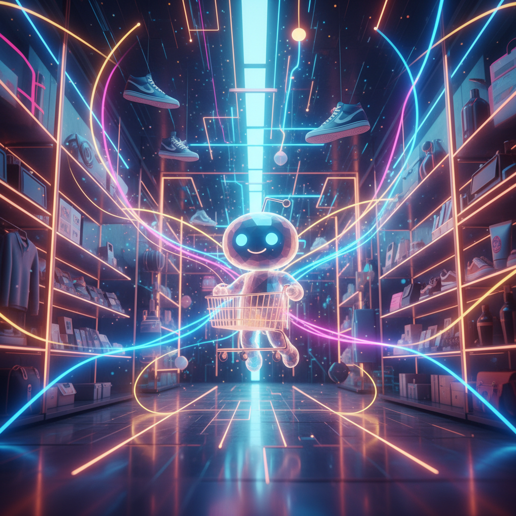 Ilustração 3D de uma loja de varejo moderna com produtos flutuantes e o mascote do Reddit, simbolizando as ferramentas de marketing.
