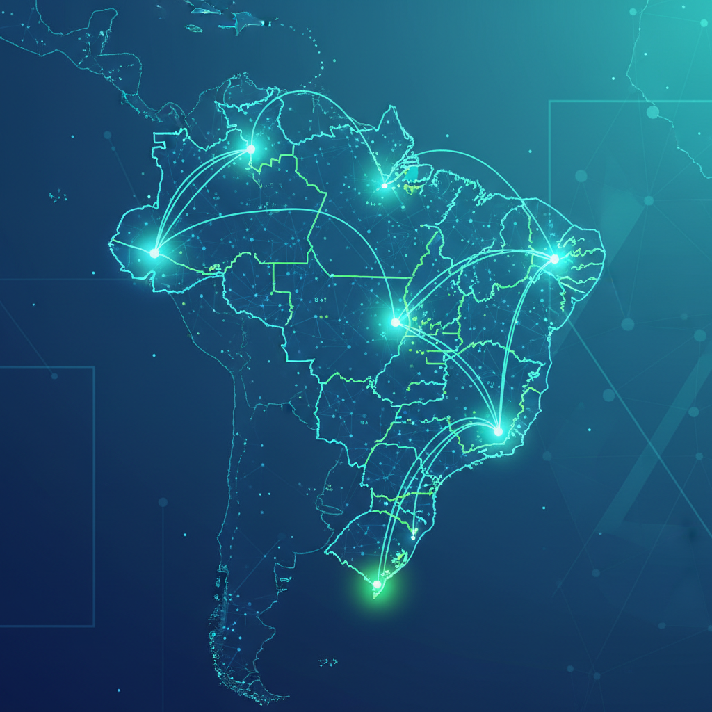 Gráfico ilustrando o SEO para empresas no Brasil, com conexões digitais sobre um mapa estilizado.