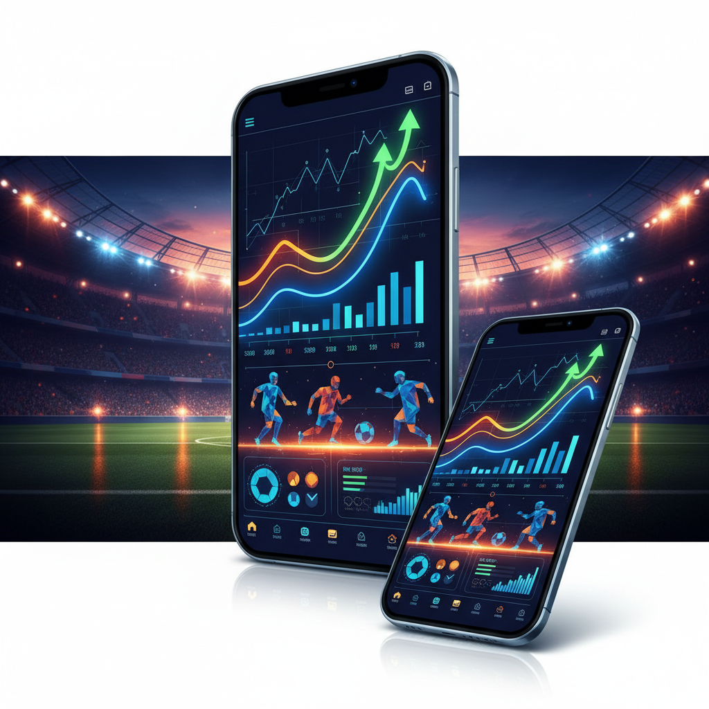 Interface digital moderna de apostas esportivas e bets no Brasil com gráficos de odds e estádio de futebol ao fundo iluminado
