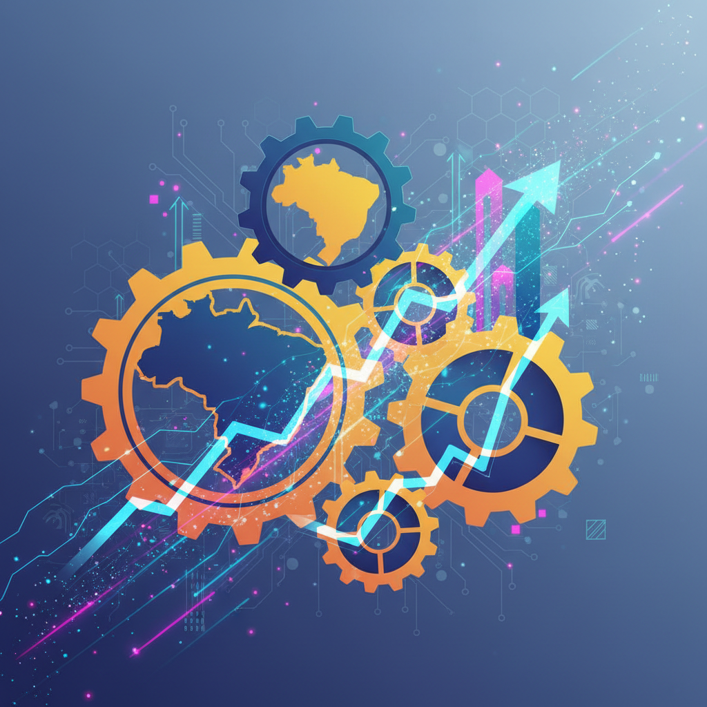 Ilustração abstrata de engrenagens interconectadas e fluxo de dados, representando frameworks de SEO e estratégias digitais para PMEs brasileiras.