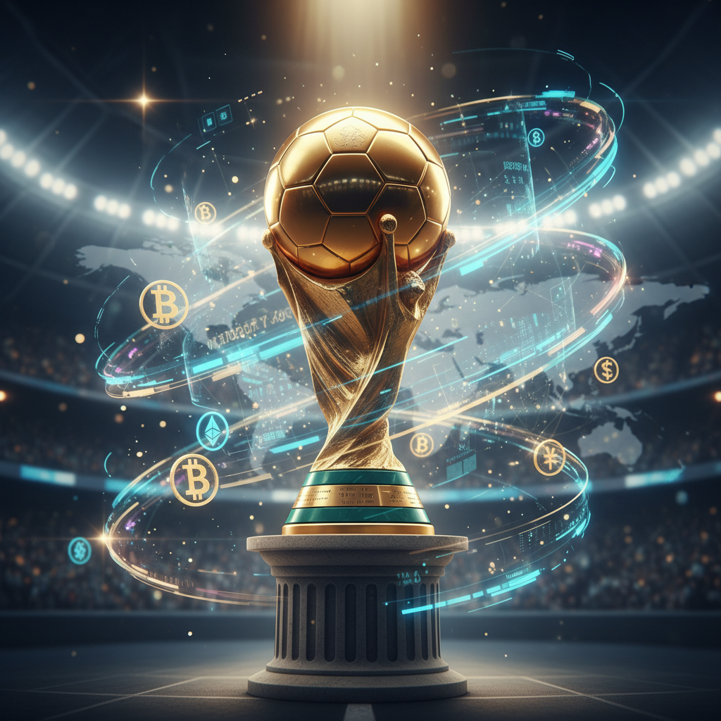Gráfico ilustrativo representando a taça da Copa do Mundo e símbolos financeiros indicando aumento de premiação.