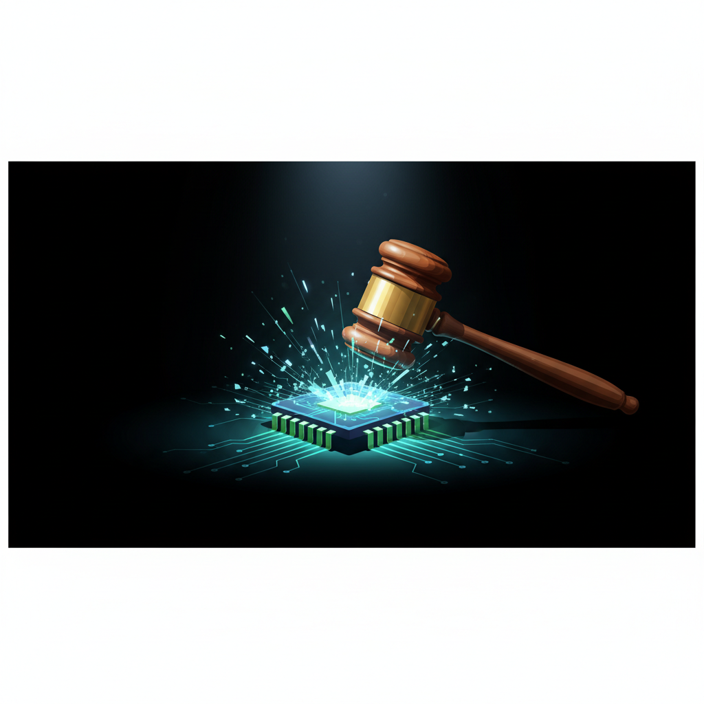 Justiça aplica multa por conteúdo com IA, simbolizado por um martelo da justiça e um chip.