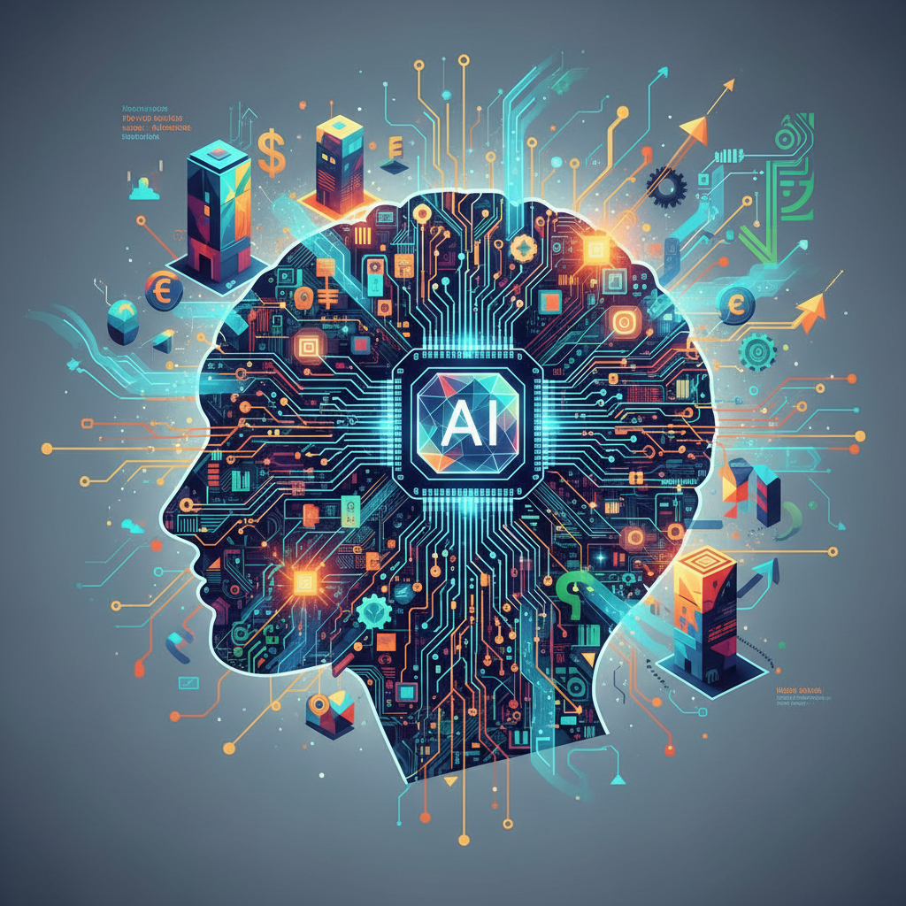 Rede digital futurista em formato de cérebro conectando empresas, com dados abstratos fluindo, simbolizando inteligência artificial e o papel da NeoSpace