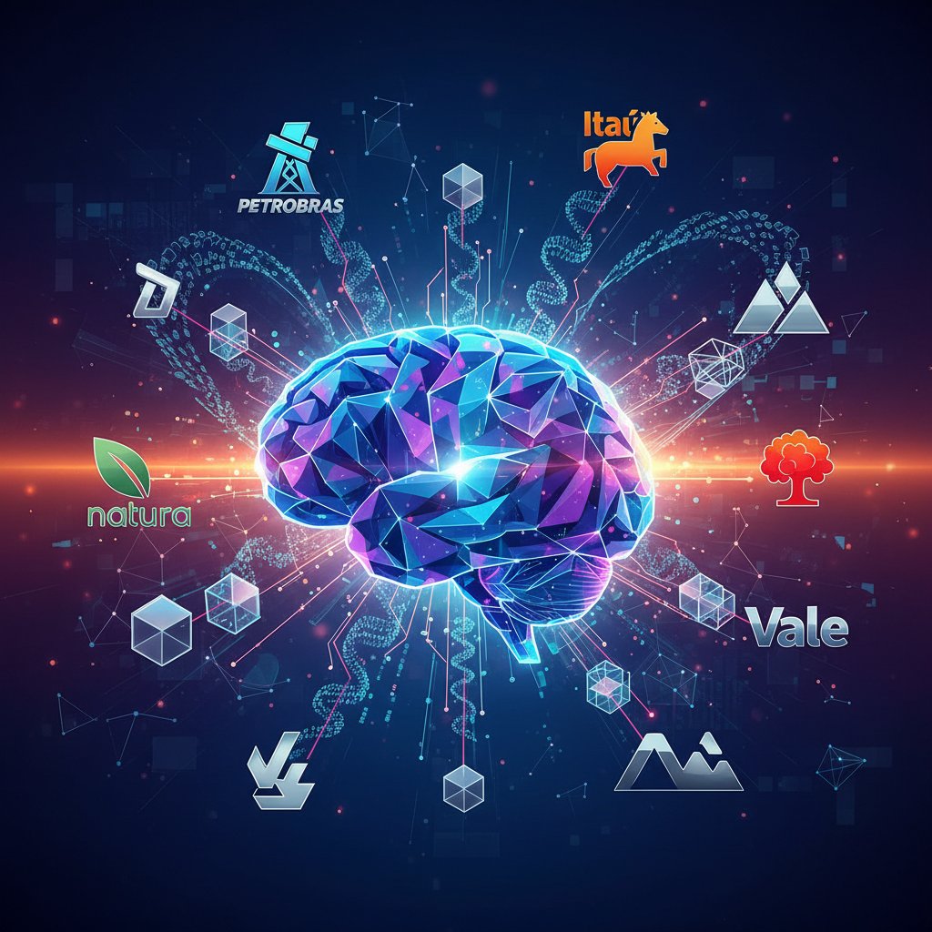Cérebro de inteligência artificial processando dados e se conectando a logos de empresas brasileiras, ilustrando o impacto da IA em AEO e GEO.