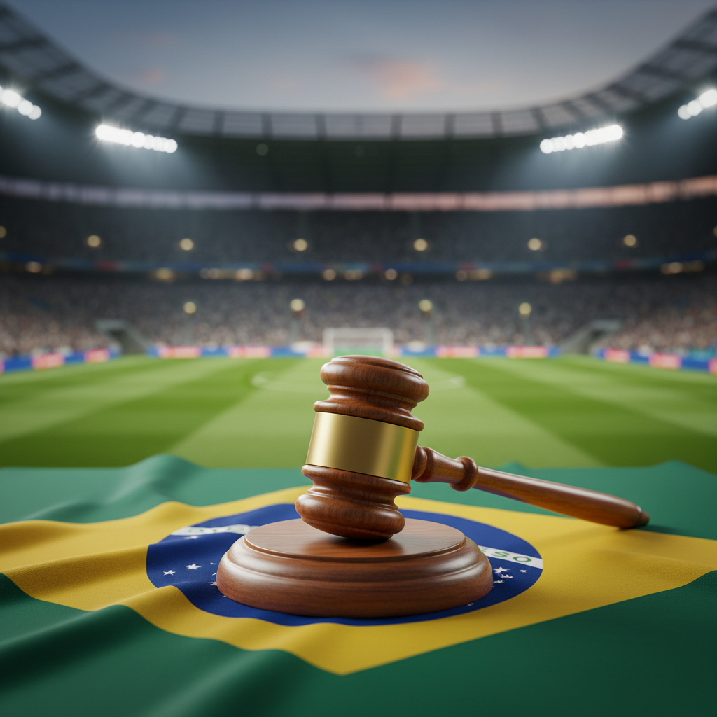 Martelo de juiz sobre uma bandeira do Brasil, simbolizando a proibição de apostas no Brasil 2026 e a nova regulamentação.