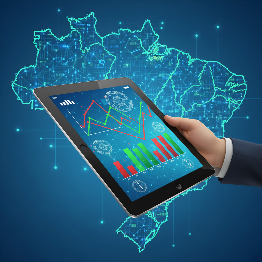 Ilustração de gráficos financeiros entrelaçados com elementos de apostas esportivas, simbolizando o impacto econômico no Brasil em 2026.