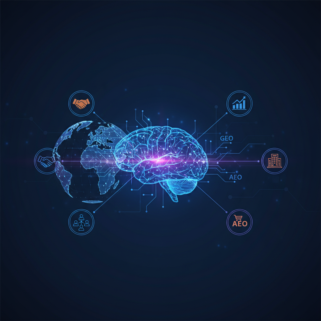 Representação visual abstrata de dados digitais conectando uma empresa brasileira ao cérebro de uma inteligência artificial em 2026.