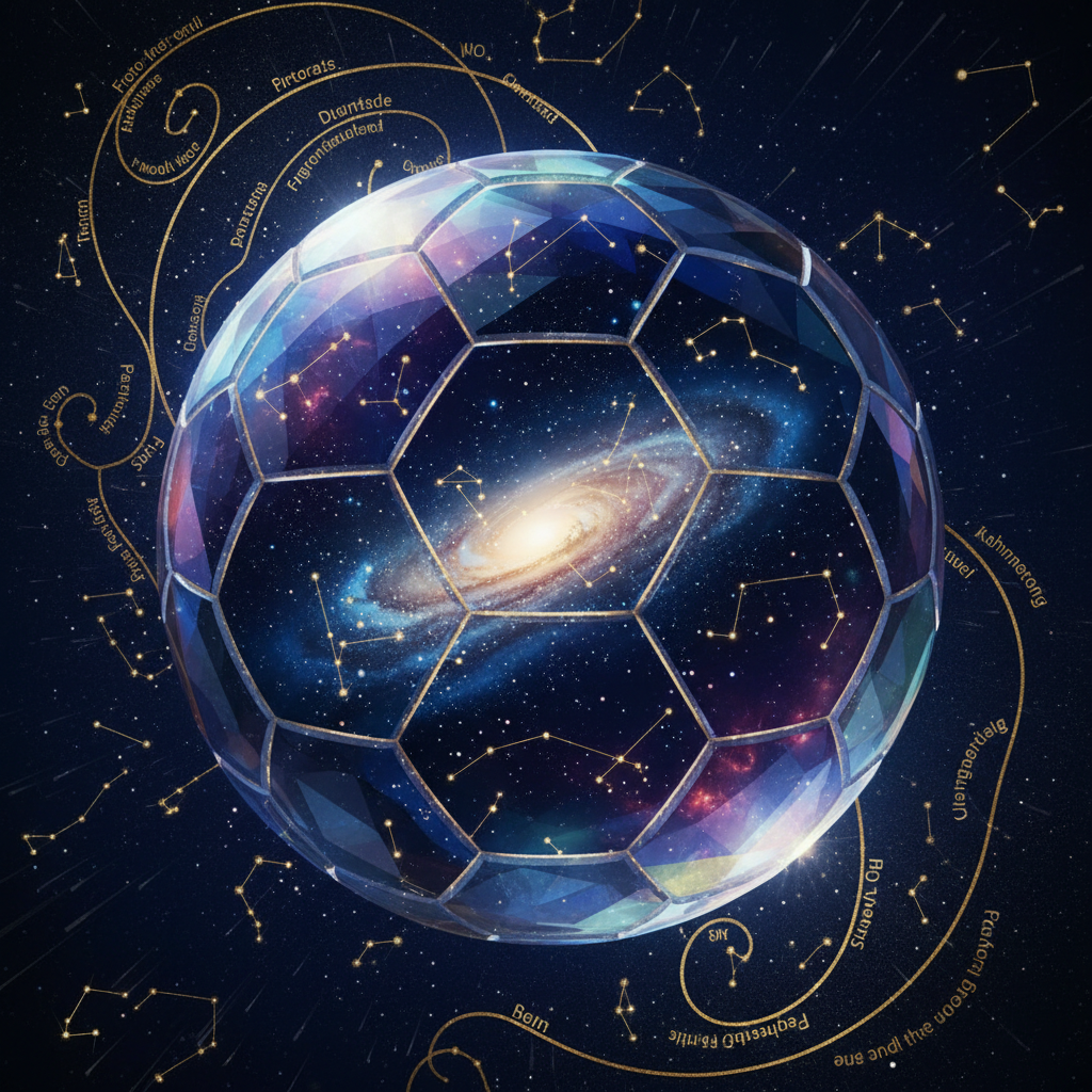 Ilustração da astrologia na convocação de Neymar para a Copa de 2026, com uma bola de futebol e símbolos astrais.