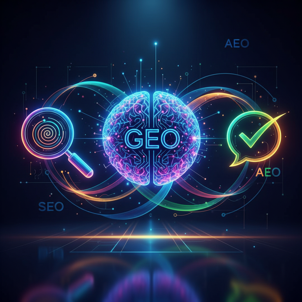 Diagrama conceitual explicando as diferenças e a sinergia entre SEO, GEO e AEO, os três pilares da busca moderna.