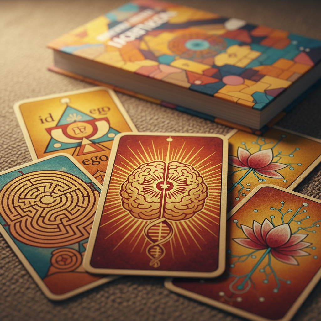 Capa de livro estilizada sobre tarô terapêutico com elementos que remetem à cultura baiana e psicologia, cores vibrantes e arcanos ao fundo.
