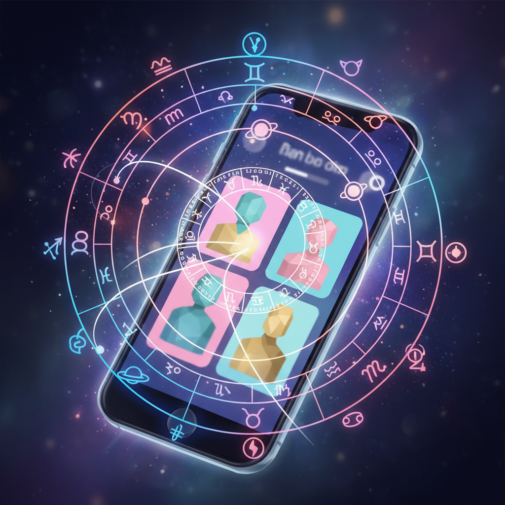 Gráfico astrológico abstrato sobreposto a tela de smartphone com perfis de aplicativo de namoro e um brilho místico, representando o Modo Astrologia do Tinder com Márcia Sensitiva.