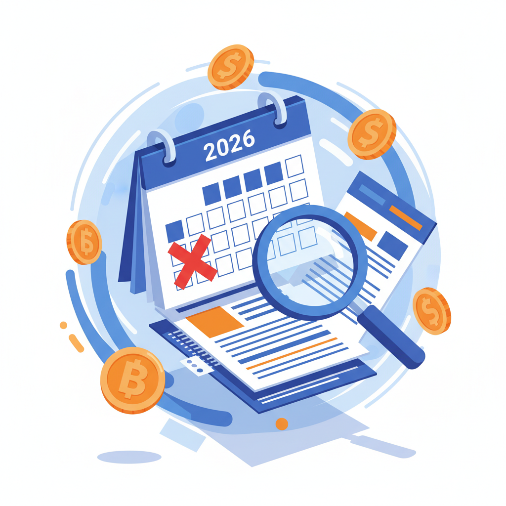 Ilustração profissional de documentos fiscais e um calendário marcando o prazo do Imposto de Renda 2026 com moedas de restituição ao fundo.