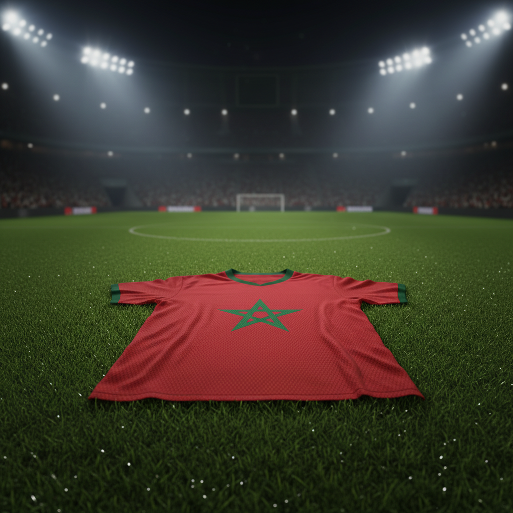 Guia completo da Seleção do Marrocos para a Copa do Mundo de 2026, com a camisa vermelha em destaque no gramado.