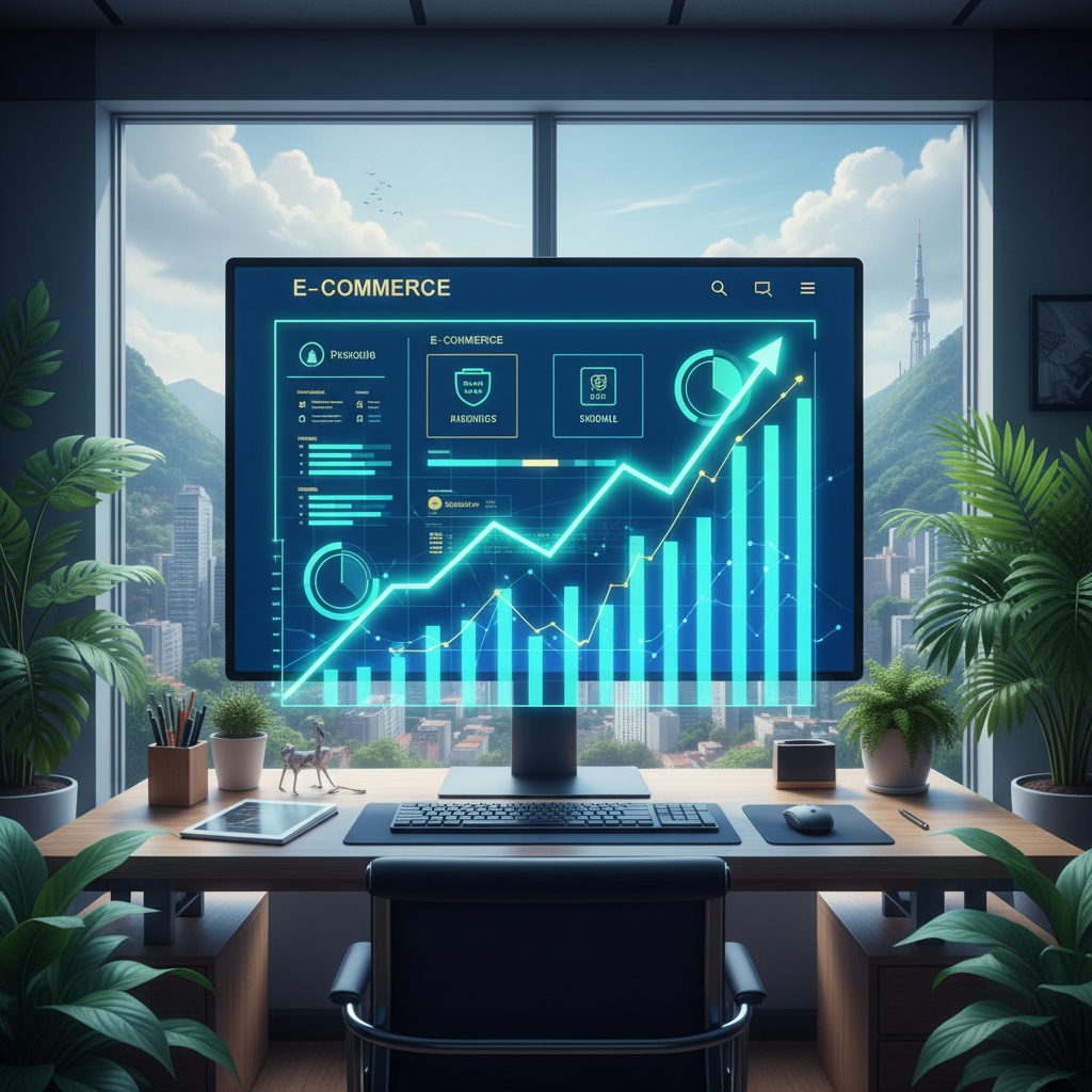 Infográfico mostrando gráfico de crescimento de faturamento orgânico em e-commerce brasileiro elevado em 2026