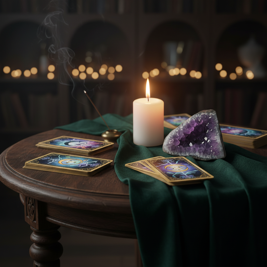 Mãos de taróloga profissional organizando cartas de tarô sobre uma mesa de veludo mística com pedras de ametista e luz suave