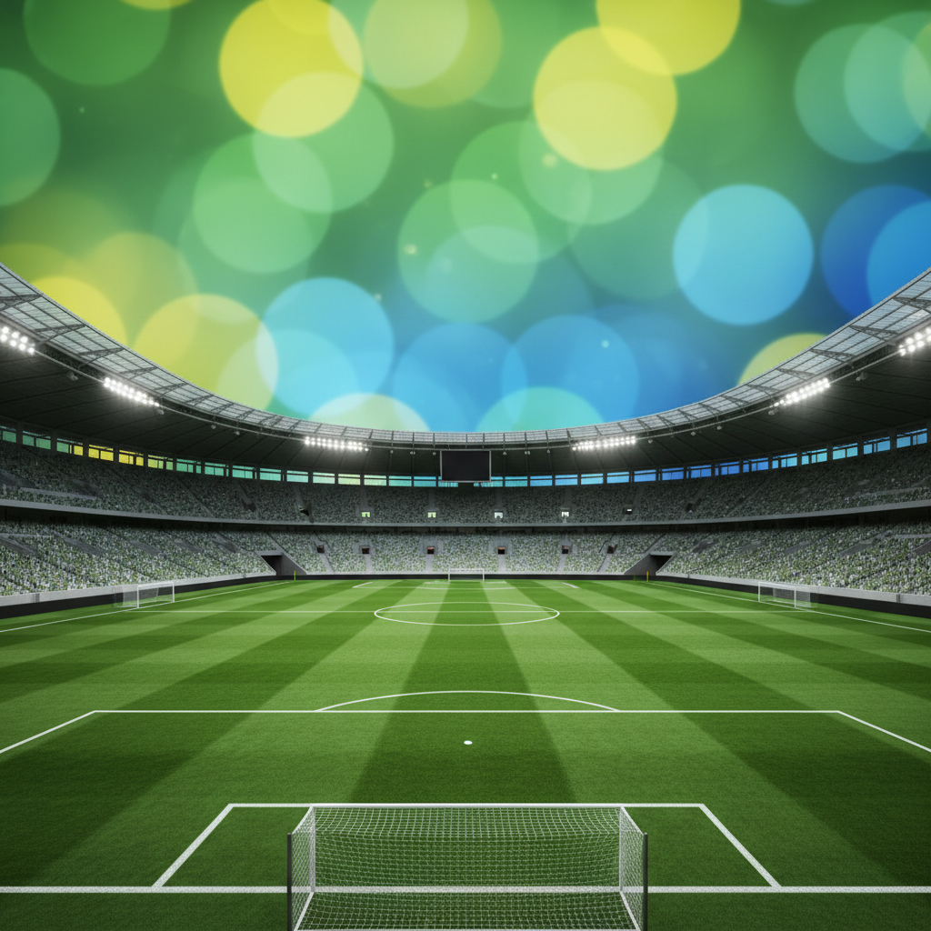 Campo de futebol com as cores do Brasil ao fundo, simbolizando a expectativa por Neymar na Copa do Mundo 2026.