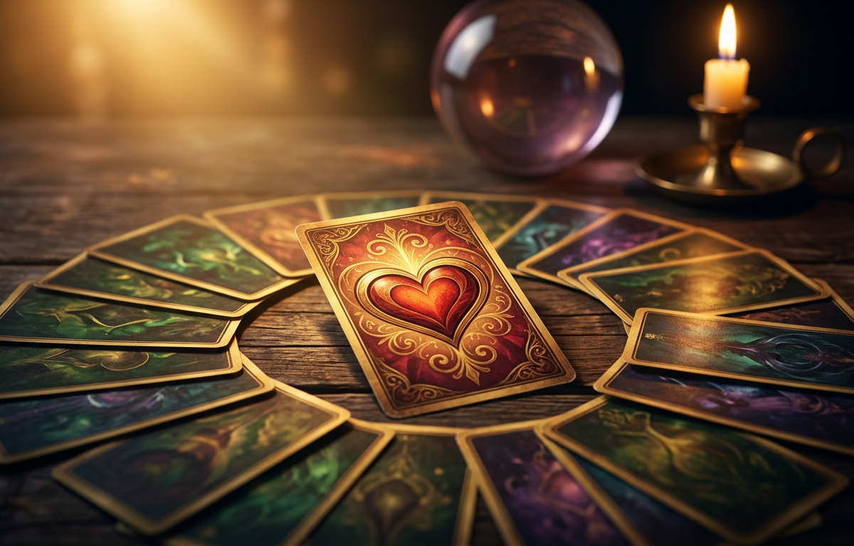 Representação artística de cartas de tarô sobre uma mesa de madeira com uma luz mística, simbolizando reencontros amorosos em abril de 2026.