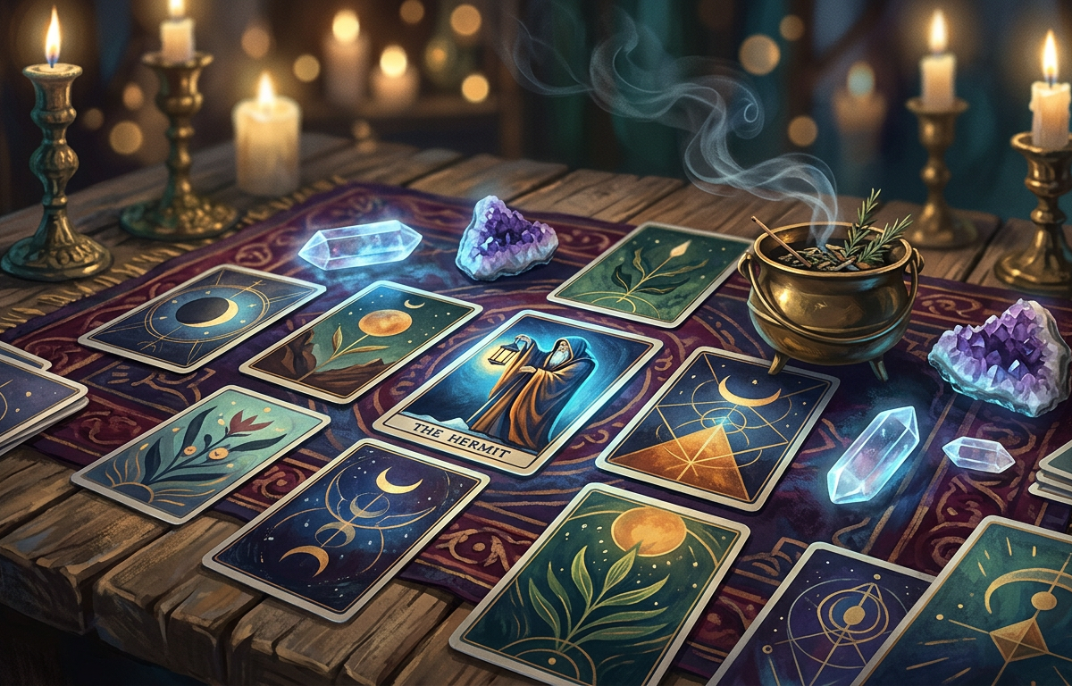 Ilustração mística de cartas de tarô sobre uma mesa de madeira com cristais e luz de velas, focando na previsão para o fim de semana de abril de 2026.
