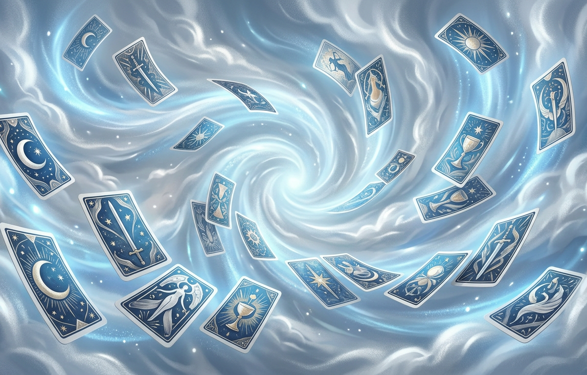 Cartas de tarô flutuando em um cenário etéreo com tons de azul e prata, simbolizando o elemento ar e previsões para 2026.